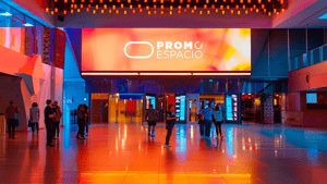 Pantalla de Promo Espacio en un centro comercial mostrando sus servicios de DOOH y programmatic. 