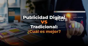 Documentos sobre una mesa y hologramas que explican la diferencia entre publicidad digital vs publicidad tradicional.